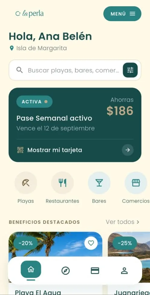 Inicio de La Perla: buscador, pase activo con lo ahorrado y ofertas destacadas
