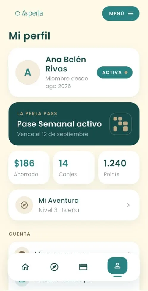 Perfil con el pase activo, lo ahorrado, los canjes y los puntos
